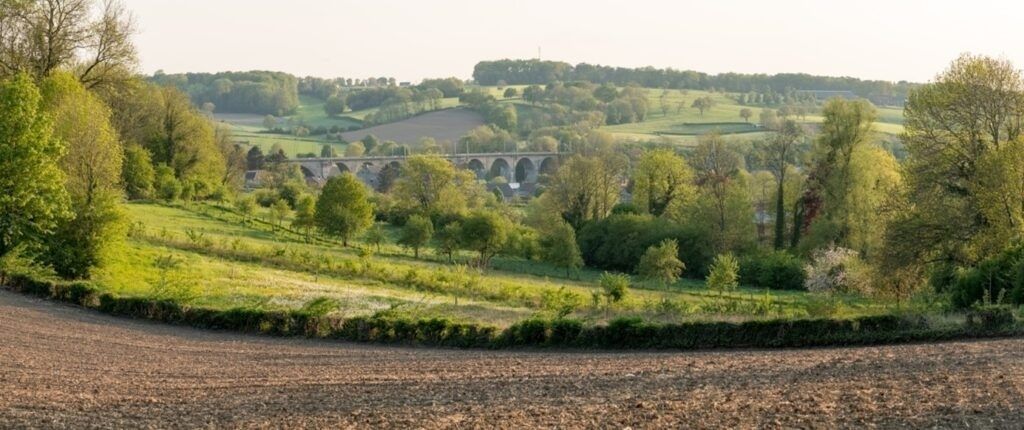 Groen coulisselandschap met akkers, bomen en een stenen spoorviaduct
